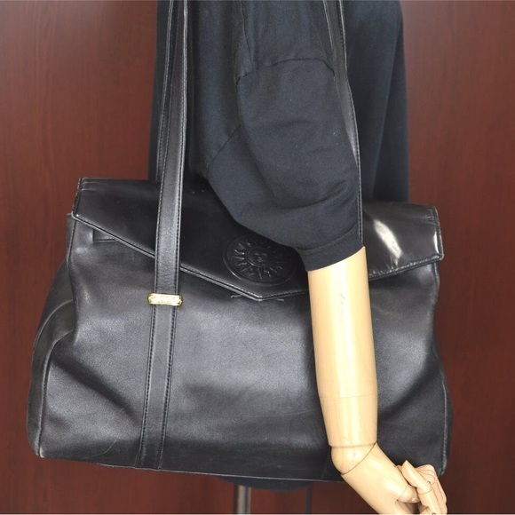 GIANNI VERSACE • AUTHENTIC VINTAGE BLACK GENUINE LEATHER SUNBURST LARGE TOTE BAG - Picture 13 of 16